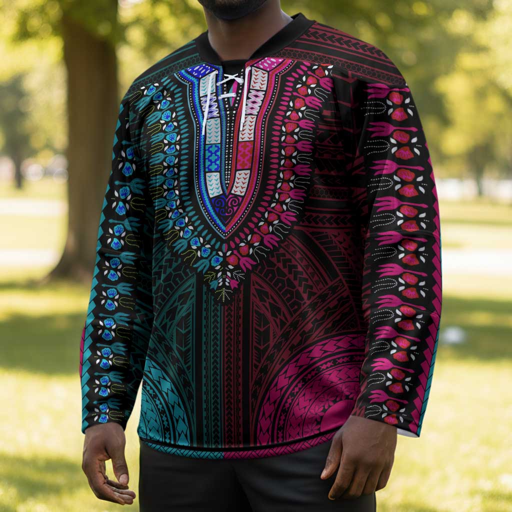 African Dashiki and Polynesian Pattern Hockey Jersey Half Teal-Pink