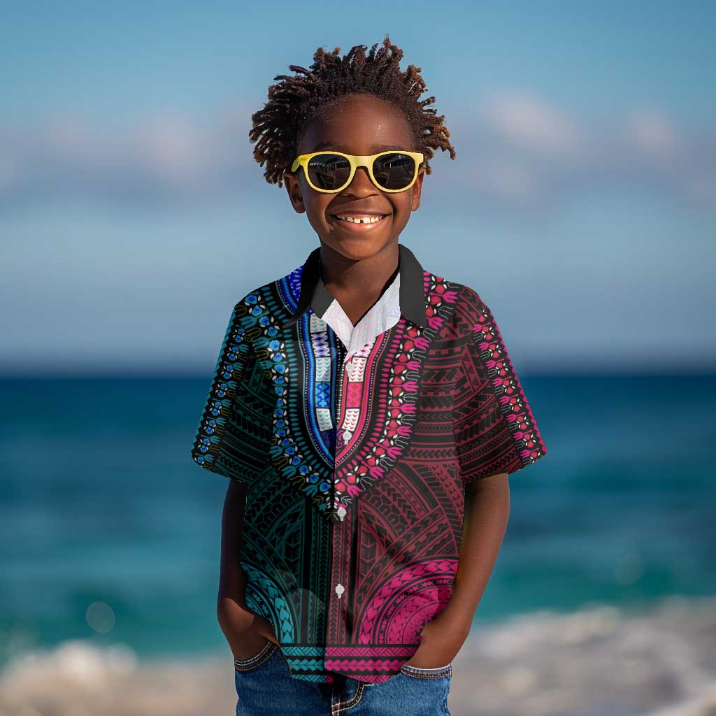 African Dashiki and Polynesian Pattern Kid Hawaiian Shirt Half Teal-Pink