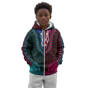 African Dashiki and Polynesian Pattern Kid Hoodie Half Teal-Pink