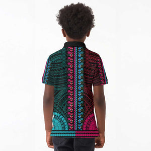 African Dashiki and Polynesian Pattern Kid Polo Shirt Half Teal-Pink