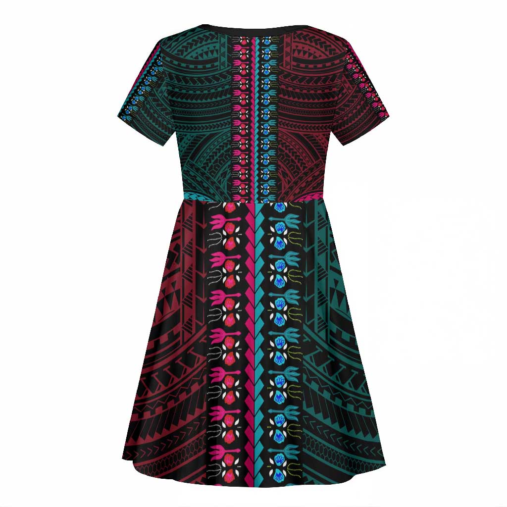 African Dashiki and Polynesian Pattern Kid Short Sleeve Dress Half Teal-Pink