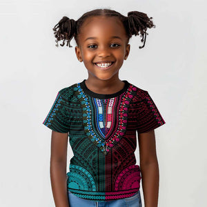 African Dashiki and Polynesian Pattern Kid T shirt Half Teal-Pink
