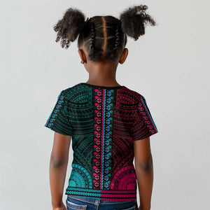 African Dashiki and Polynesian Pattern Kid T shirt Half Teal-Pink