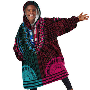 African Dashiki and Polynesian Pattern Kid Wearable Blanket Hoodie Half Teal-Pink