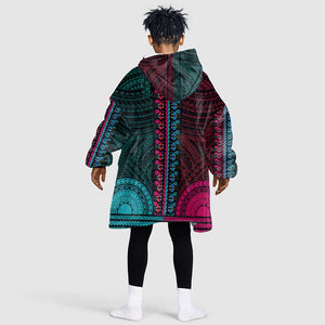 African Dashiki and Polynesian Pattern Kid Wearable Blanket Hoodie Half Teal-Pink
