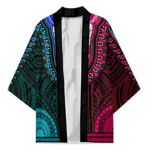 African Dashiki and Polynesian Pattern Kimono Half Teal-Pink