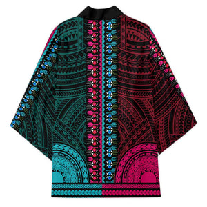 African Dashiki and Polynesian Pattern Kimono Half Teal-Pink