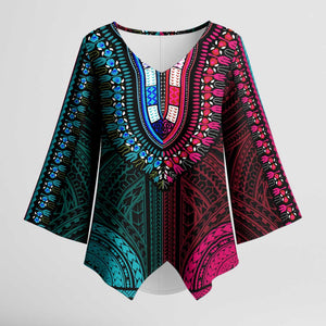 African Dashiki and Polynesian Pattern Kimono Sleeve Blouse Half Teal-Pink