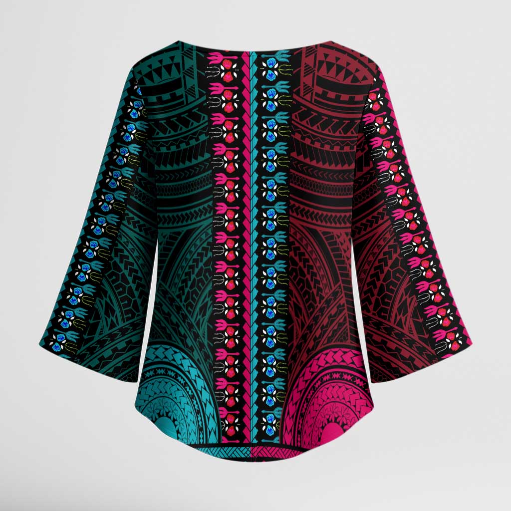 African Dashiki and Polynesian Pattern Kimono Sleeve Blouse Half Teal-Pink
