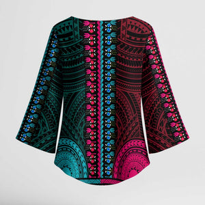 African Dashiki and Polynesian Pattern Kimono Sleeve Blouse Half Teal-Pink
