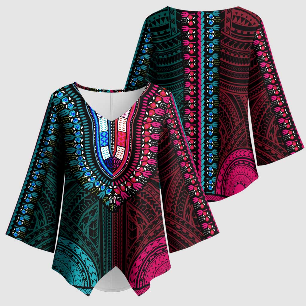 African Dashiki and Polynesian Pattern Kimono Sleeve Blouse Half Teal-Pink