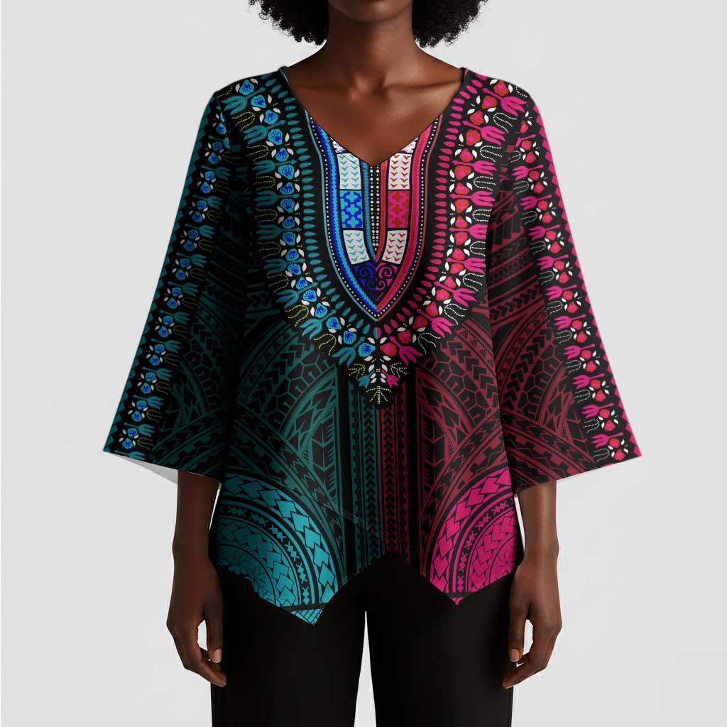 African Dashiki and Polynesian Pattern Kimono Sleeve Blouse Half Teal-Pink