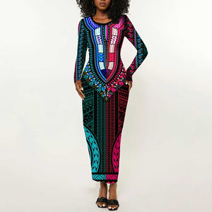 African Dashiki and Polynesian Pattern Long Sleeve Bodycon Dress Half Teal-Pink LT9