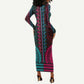 African Dashiki and Polynesian Pattern Long Sleeve Bodycon Dress Half Teal-Pink LT9