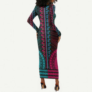 African Dashiki and Polynesian Pattern Long Sleeve Bodycon Dress Half Teal-Pink LT9