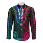 African Dashiki and Polynesian Pattern Long Sleeve Button Shirt Half Teal-Pink