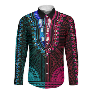 African Dashiki and Polynesian Pattern Long Sleeve Button Shirt Half Teal-Pink