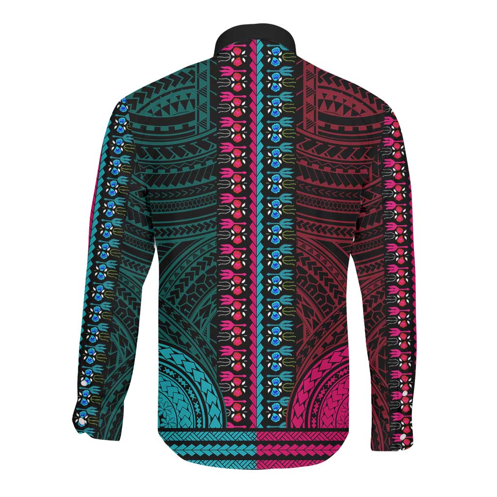 African Dashiki and Polynesian Pattern Long Sleeve Button Shirt Half Teal-Pink