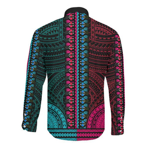 African Dashiki and Polynesian Pattern Long Sleeve Button Shirt Half Teal-Pink