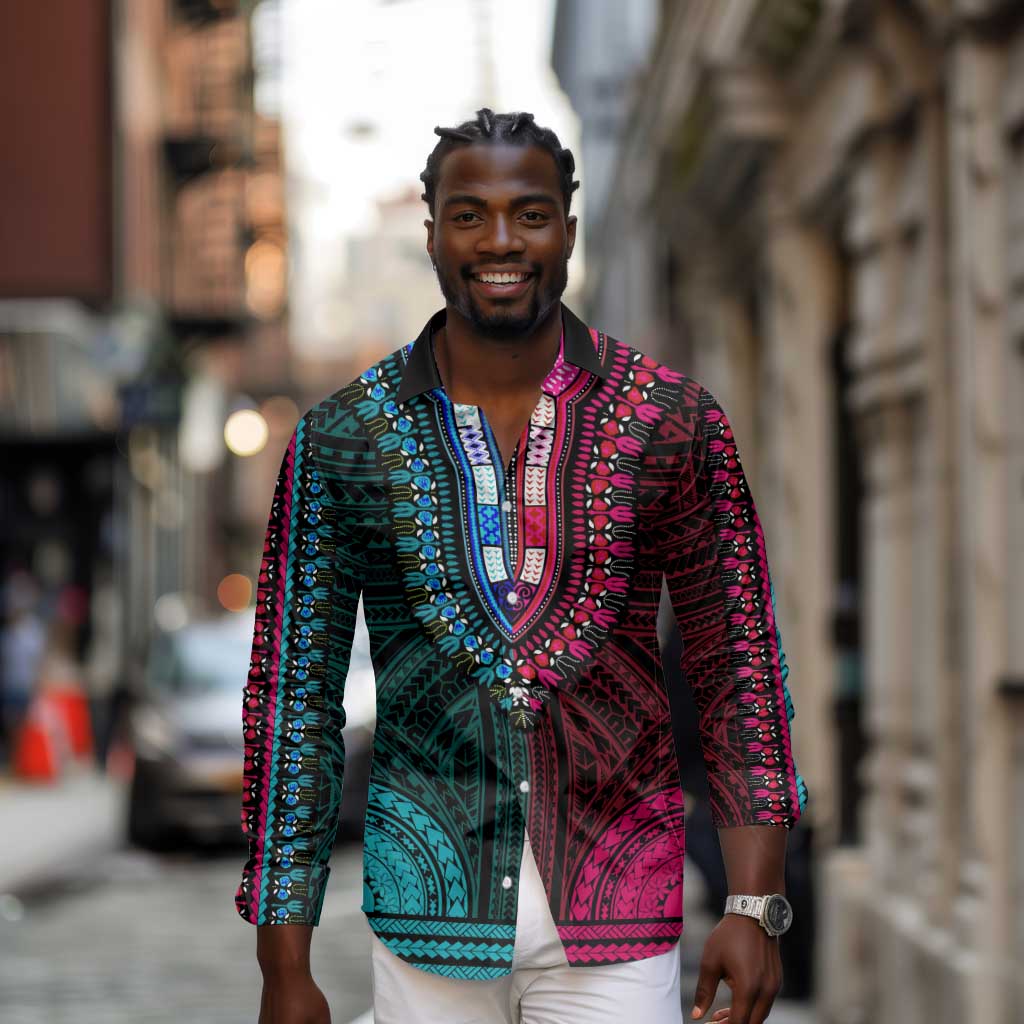 African Dashiki and Polynesian Pattern Long Sleeve Button Shirt Half Teal-Pink