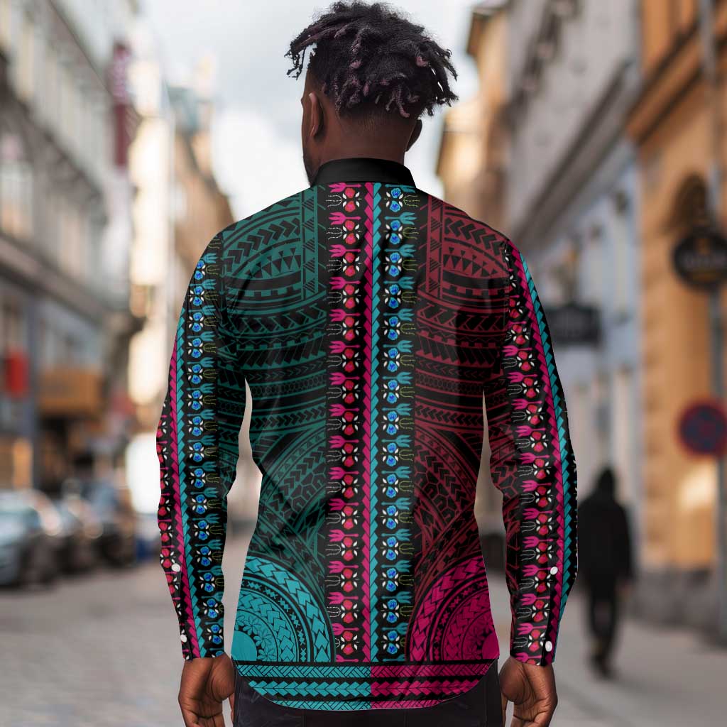 African Dashiki and Polynesian Pattern Long Sleeve Button Shirt Half Teal-Pink