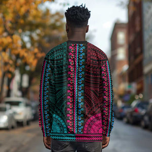 African Dashiki and Polynesian Pattern Long Sleeve Shirt Half Teal-Pink