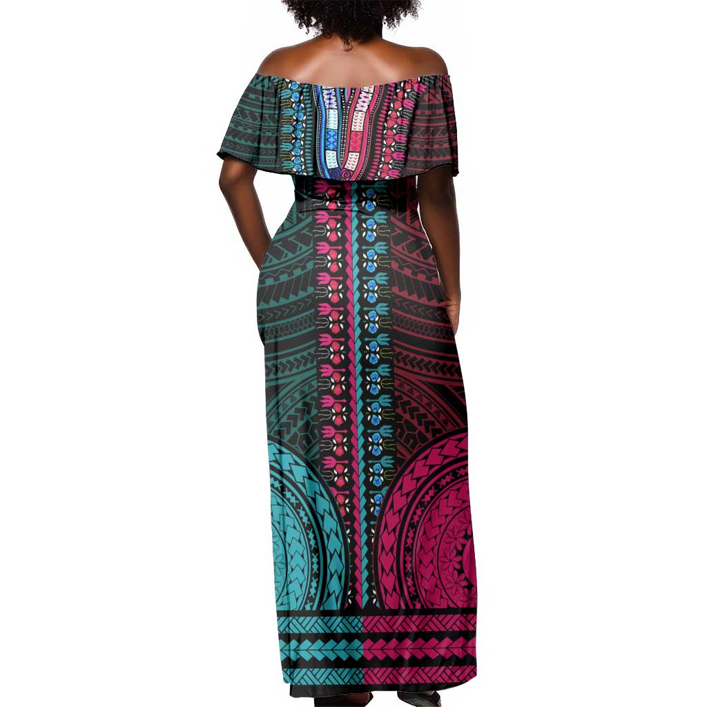 African Dashiki and Polynesian Pattern Off Shoulder Maxi Dress Half Teal-Pink