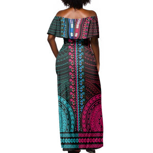 African Dashiki and Polynesian Pattern Off Shoulder Maxi Dress Half Teal-Pink