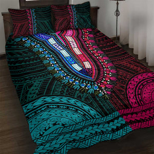 African Dashiki and Polynesian Pattern Quilt Bed Set Half Teal-Pink