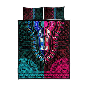 African Dashiki and Polynesian Pattern Quilt Bed Set Half Teal-Pink