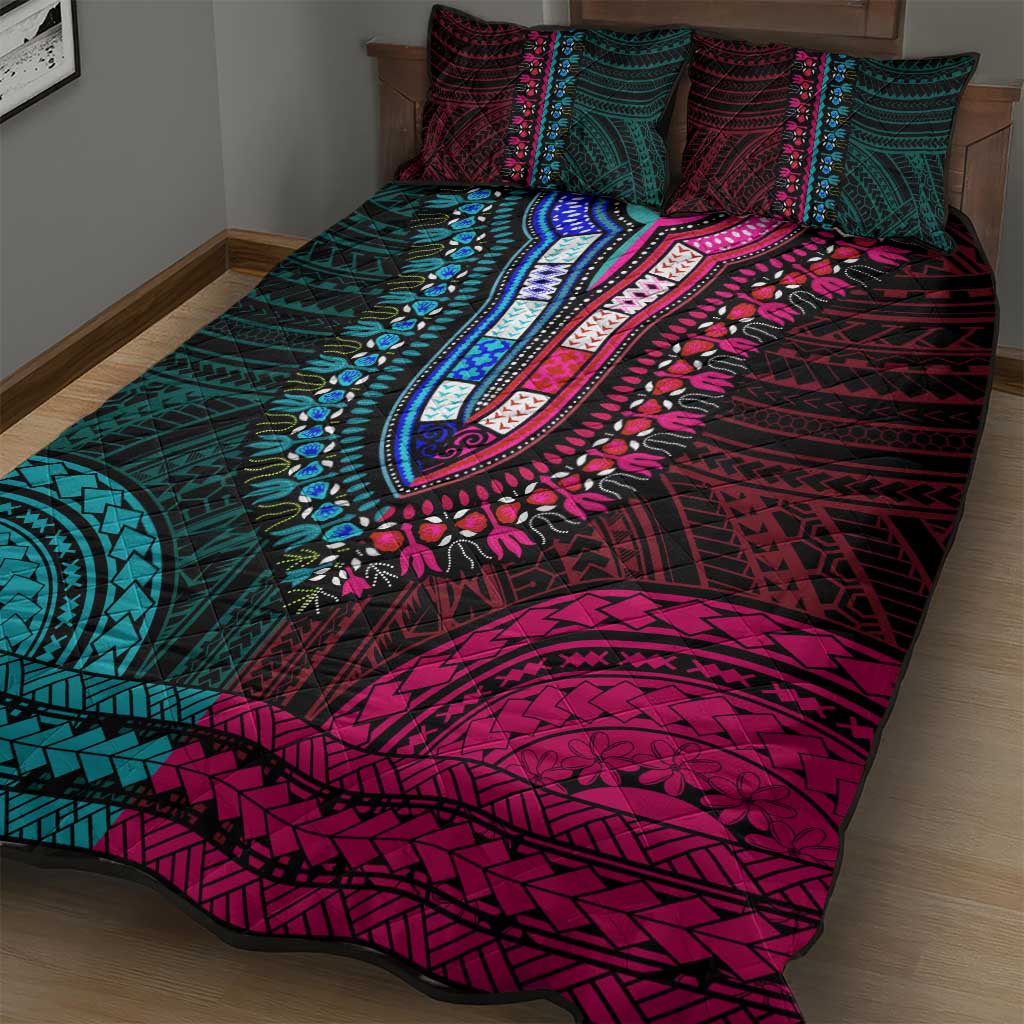 African Dashiki and Polynesian Pattern Quilt Bed Set Half Teal-Pink