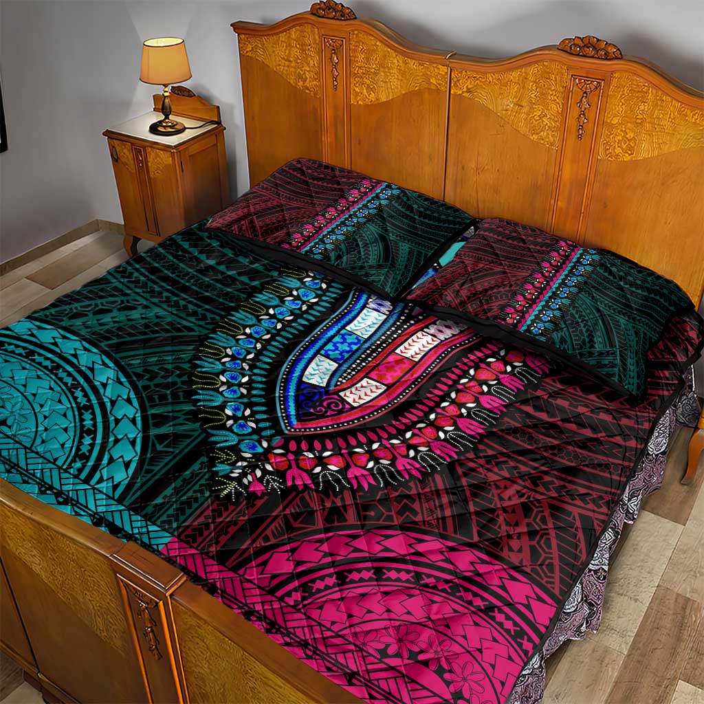 African Dashiki and Polynesian Pattern Quilt Bed Set Half Teal-Pink