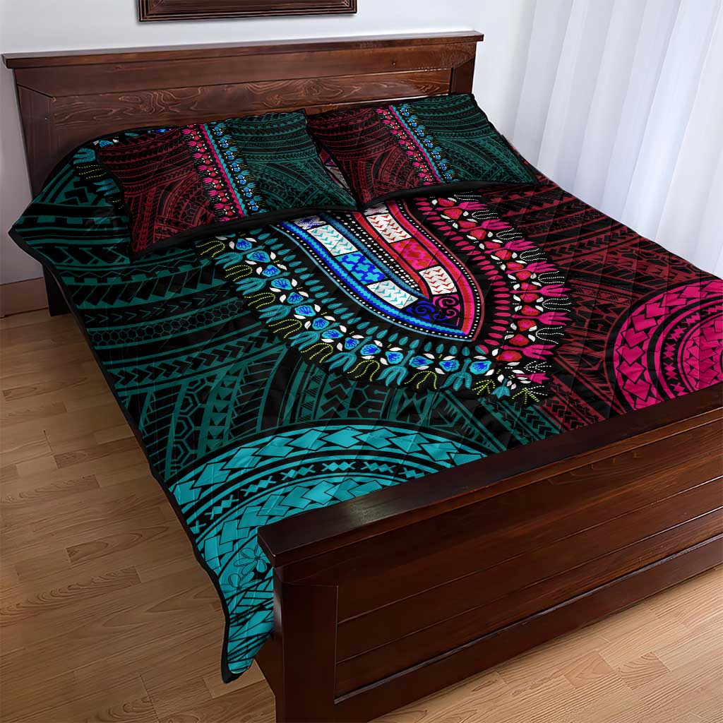 African Dashiki and Polynesian Pattern Quilt Bed Set Half Teal-Pink