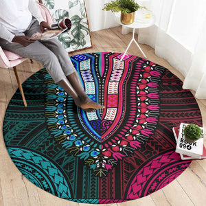 African Dashiki and Polynesian Pattern Round Carpet Half Teal-Pink
