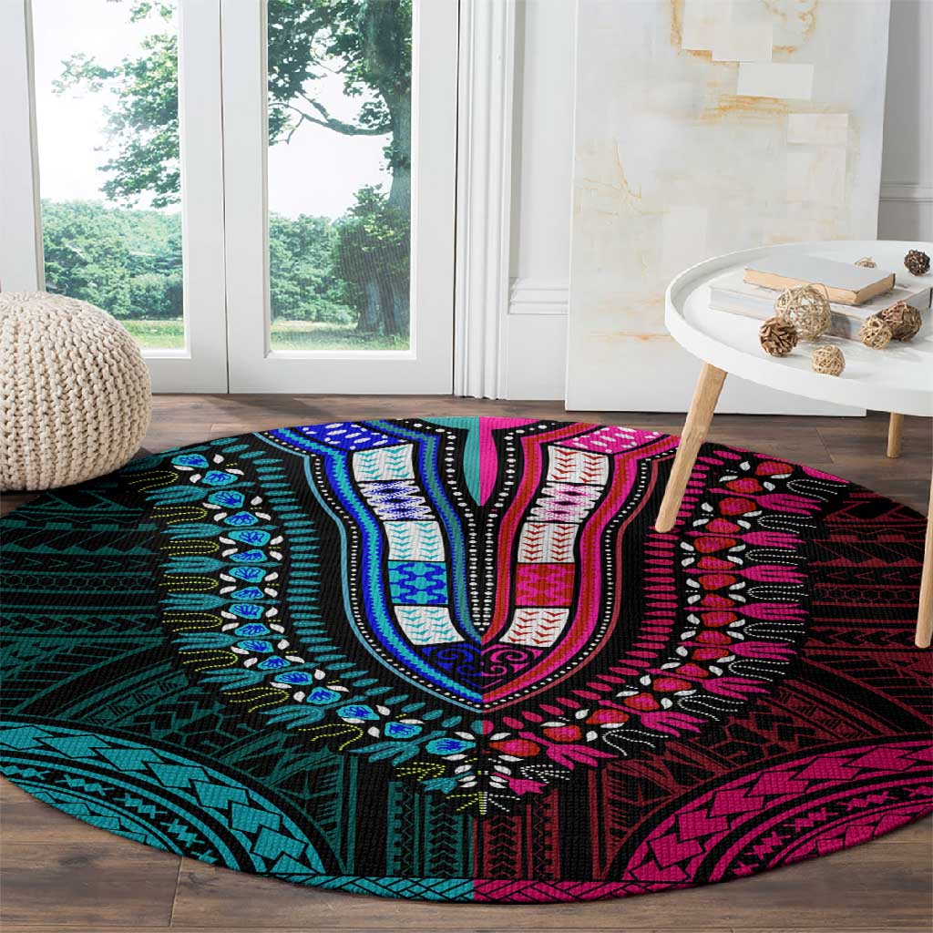 African Dashiki and Polynesian Pattern Round Carpet Half Teal-Pink