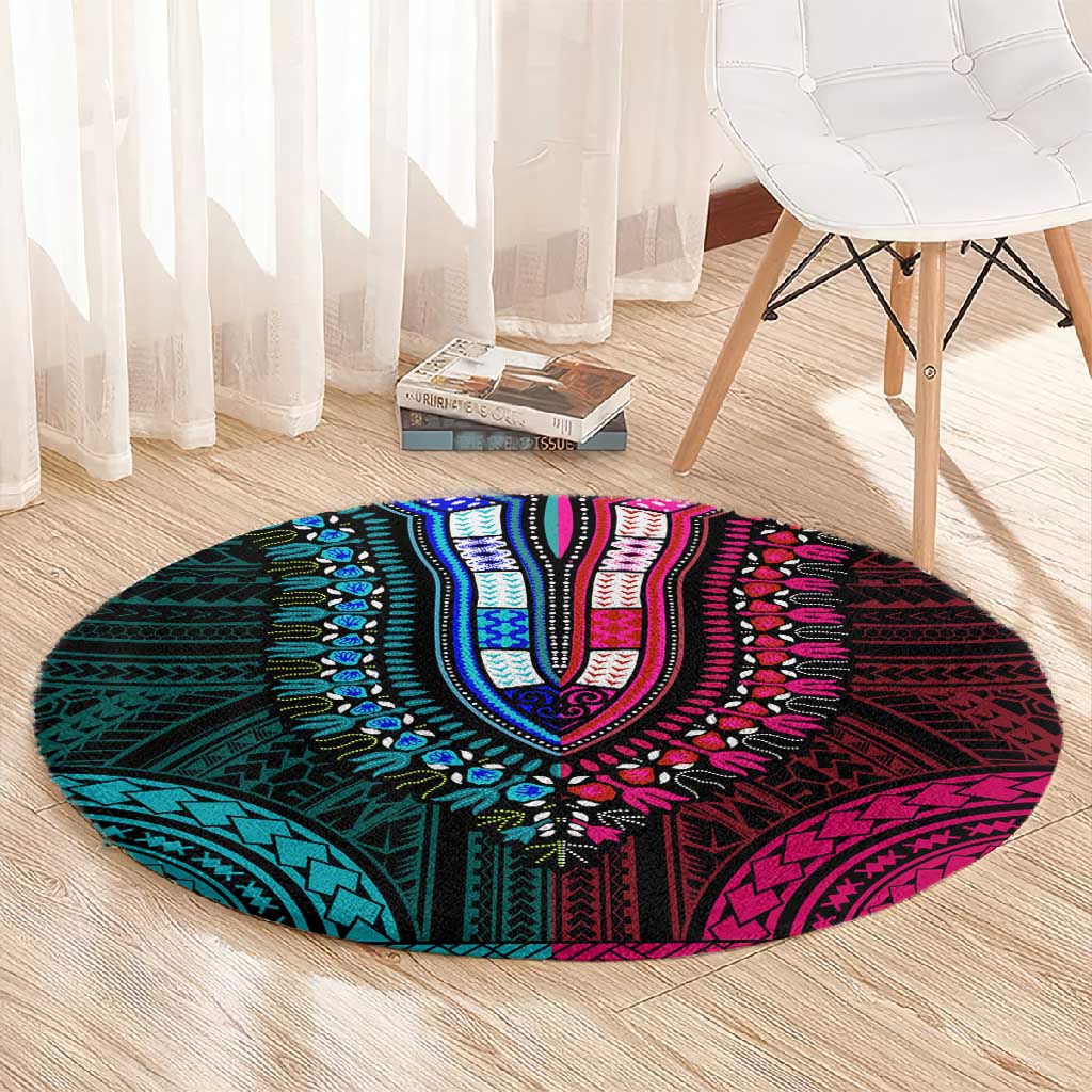 African Dashiki and Polynesian Pattern Round Carpet Half Teal-Pink