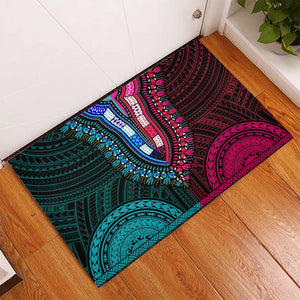 African Dashiki and Polynesian Pattern Rubber Doormat Half Teal-Pink