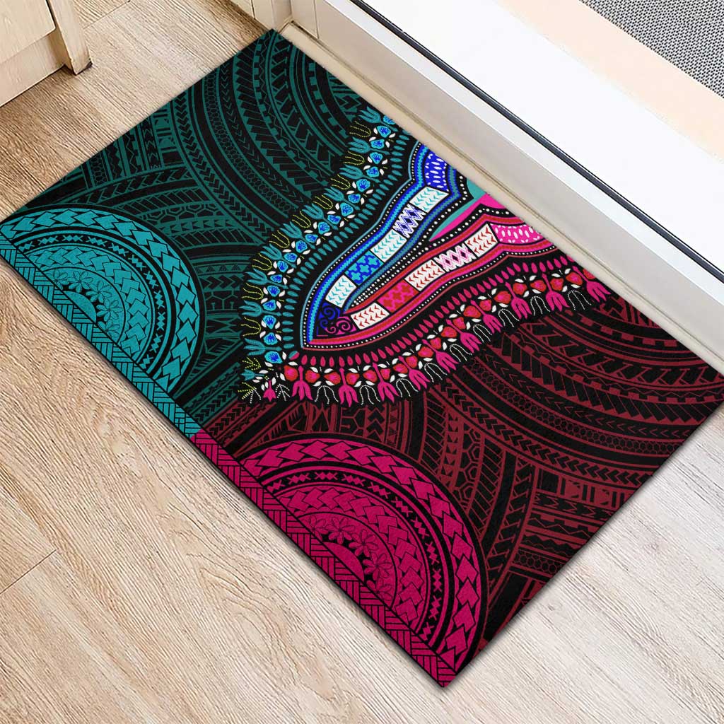 African Dashiki and Polynesian Pattern Rubber Doormat Half Teal-Pink