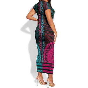 African Dashiki and Polynesian Pattern Short Sleeve Bodycon Dress Half Teal-Pink LT9