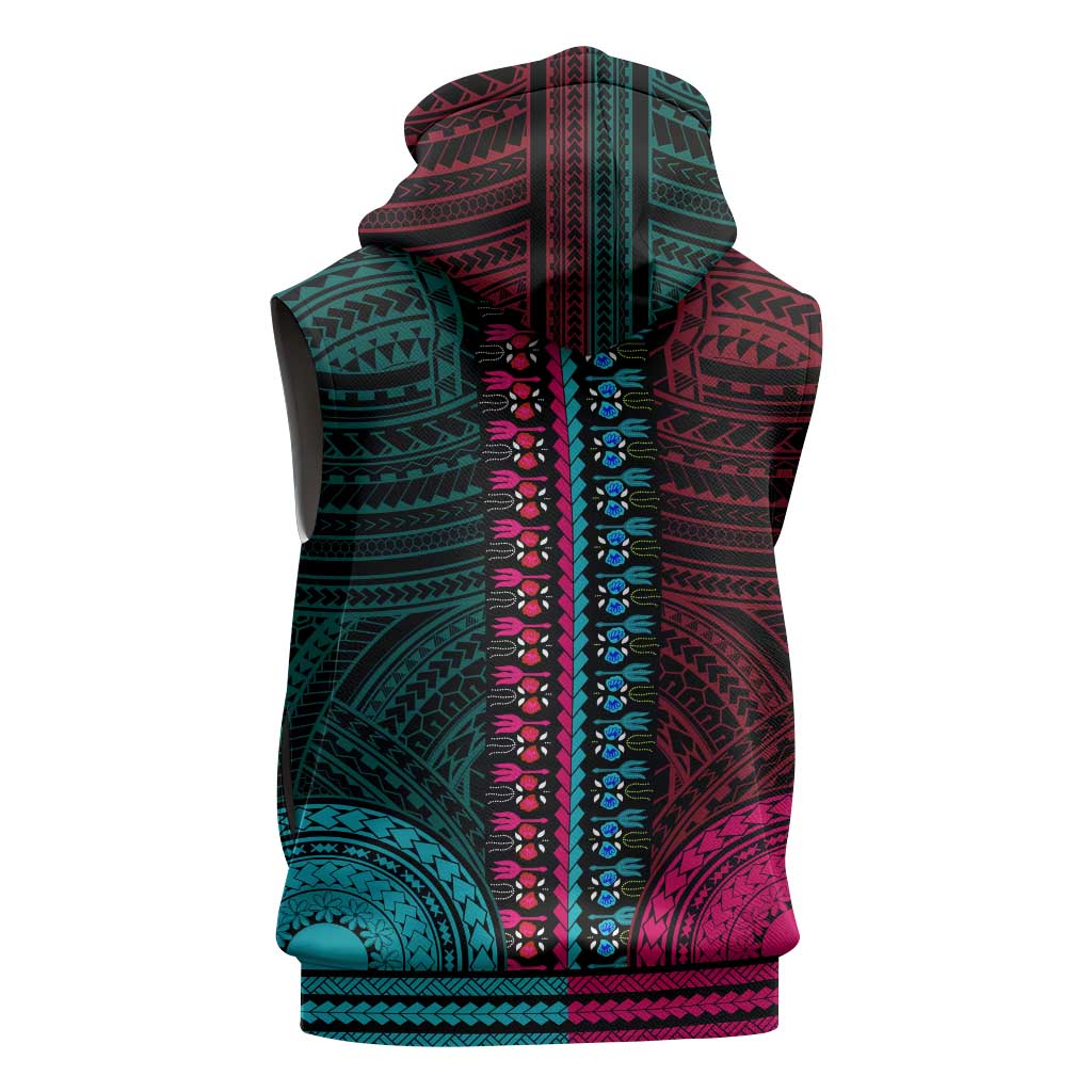 African Dashiki and Polynesian Pattern Sleeveless Hoodie Half Teal-Pink - African Pride