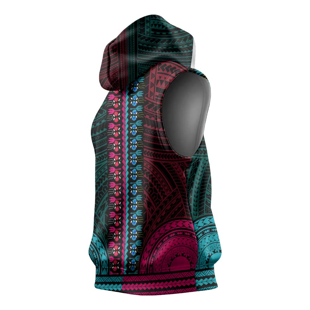 African Dashiki and Polynesian Pattern Sleeveless Hoodie Half Teal-Pink - African Pride
