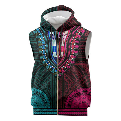African Dashiki and Polynesian Pattern Sleeveless Zip Hoodie Half Teal-Pink - African Pride