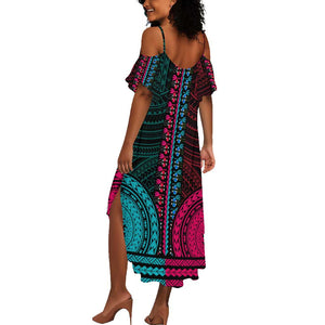 African Dashiki and Polynesian Pattern Summer Maxi Dress Half Teal-Pink