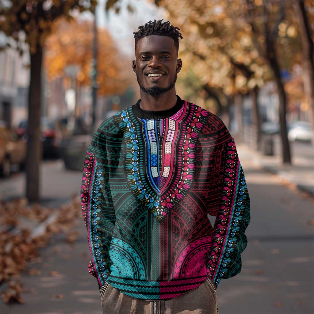 African Dashiki and Polynesian Pattern Sweatshirt Half Teal-Pink