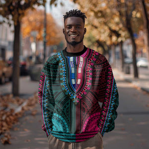 African Dashiki and Polynesian Pattern Sweatshirt Half Teal-Pink