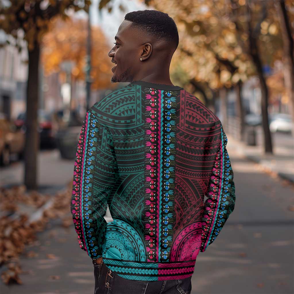 African Dashiki and Polynesian Pattern Sweatshirt Half Teal-Pink