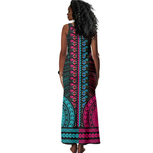 African Dashiki and Polynesian Pattern Tank Maxi Dress Half Teal-Pink