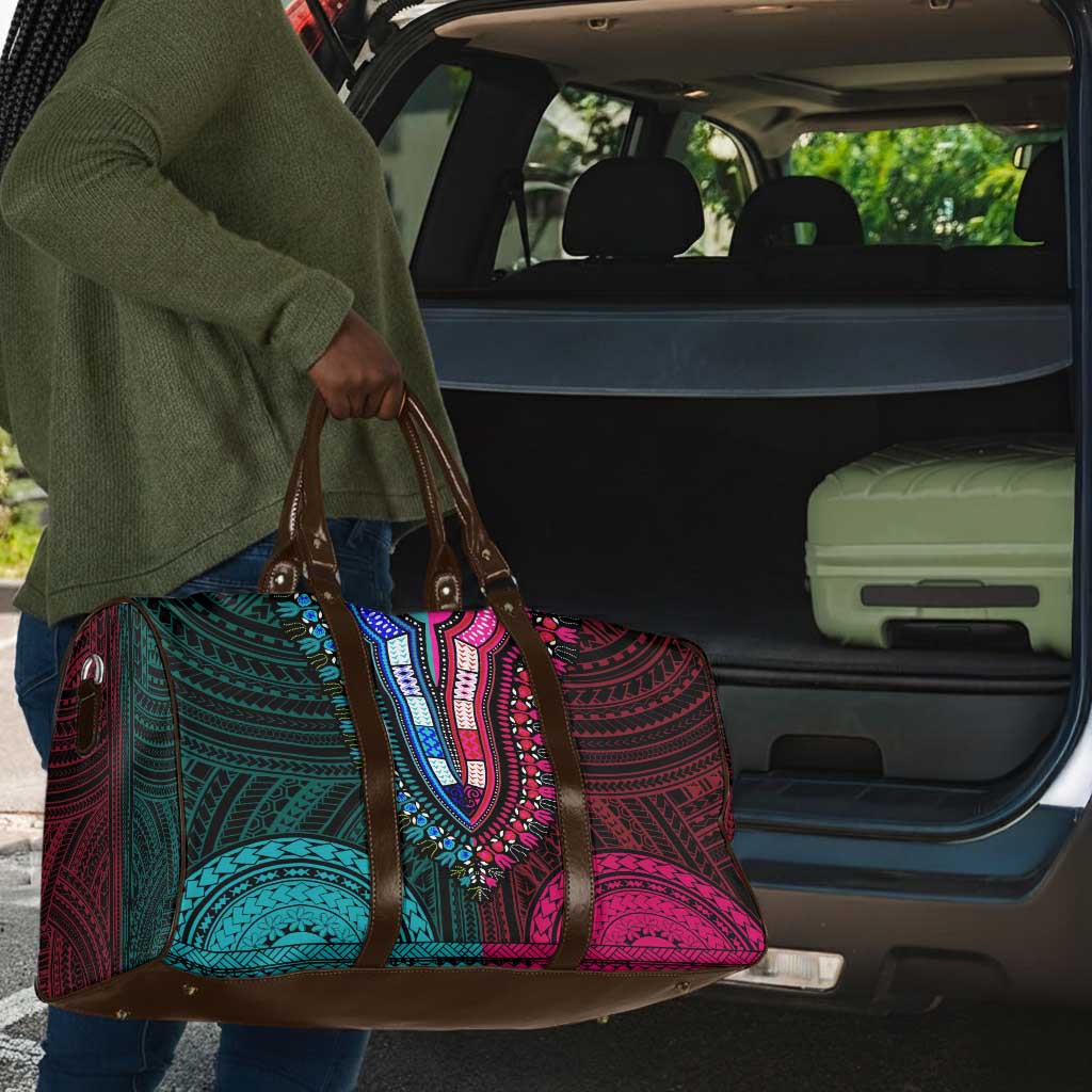 African Dashiki and Polynesian Pattern Travel Bag Half Teal-Pink
