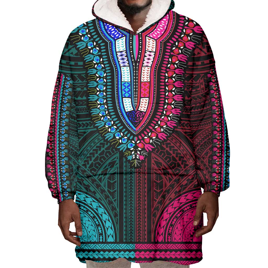 African Dashiki and Polynesian Pattern Wearable Blanket Hoodie Half Teal-Pink