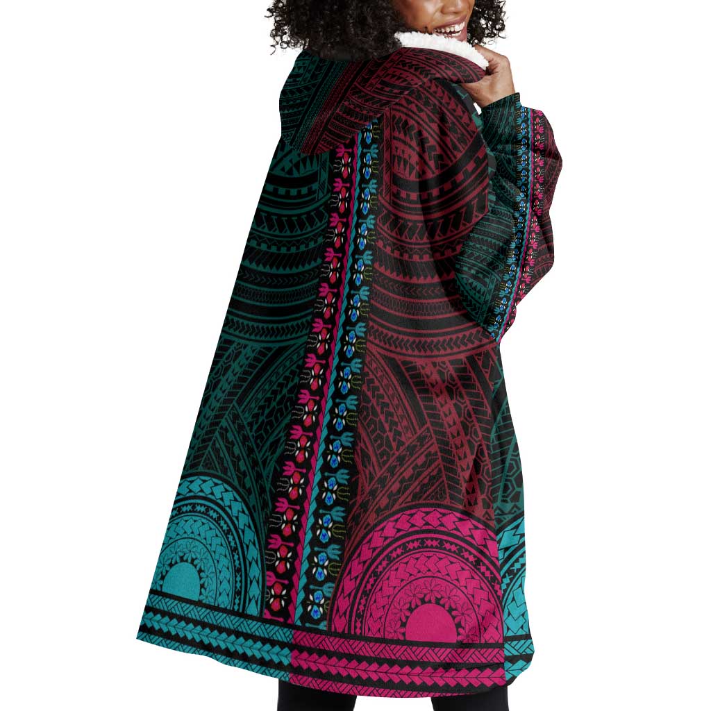 African Dashiki and Polynesian Pattern Wearable Blanket Hoodie Half Teal-Pink